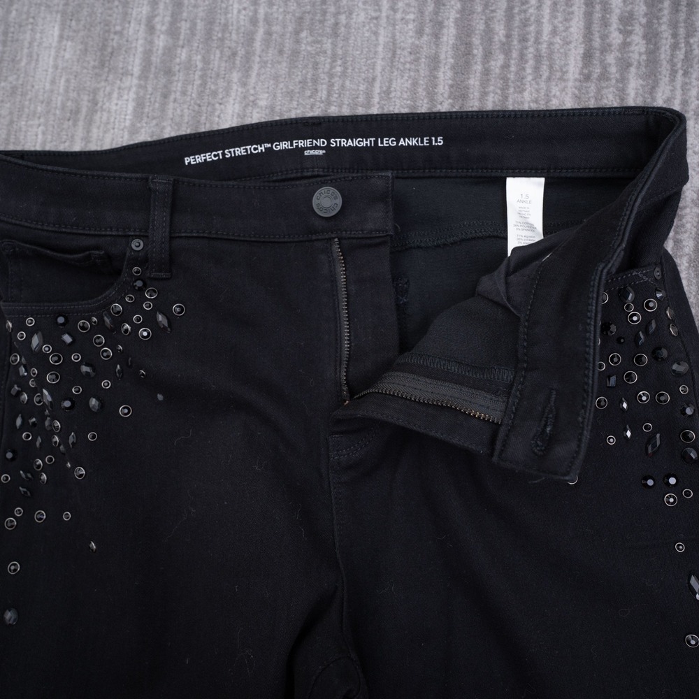 Chicos Perfect Stretch Girlfriend Straight Leg Ankle Jeans Black Studded 1.5 L - Picture 8 of 11